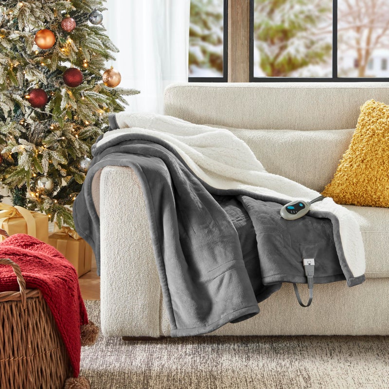 Beautyrest Heated Throw Blanket, Electric Throw, Soft, Warm, Reversible Plush - Sherpa, 3 Heat Settings, 2 hr Auto Shut Off, Machine Washable, 50 x 60 Grey - Image 3